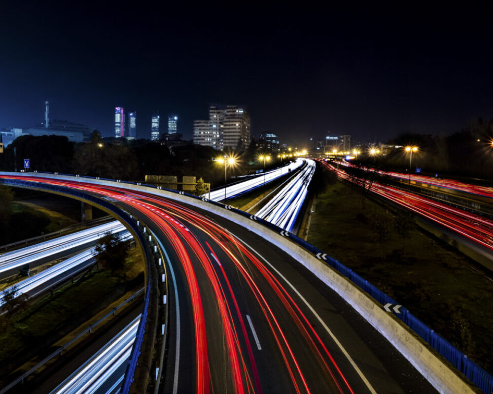Night landscape of car lights that intersect with long exposure